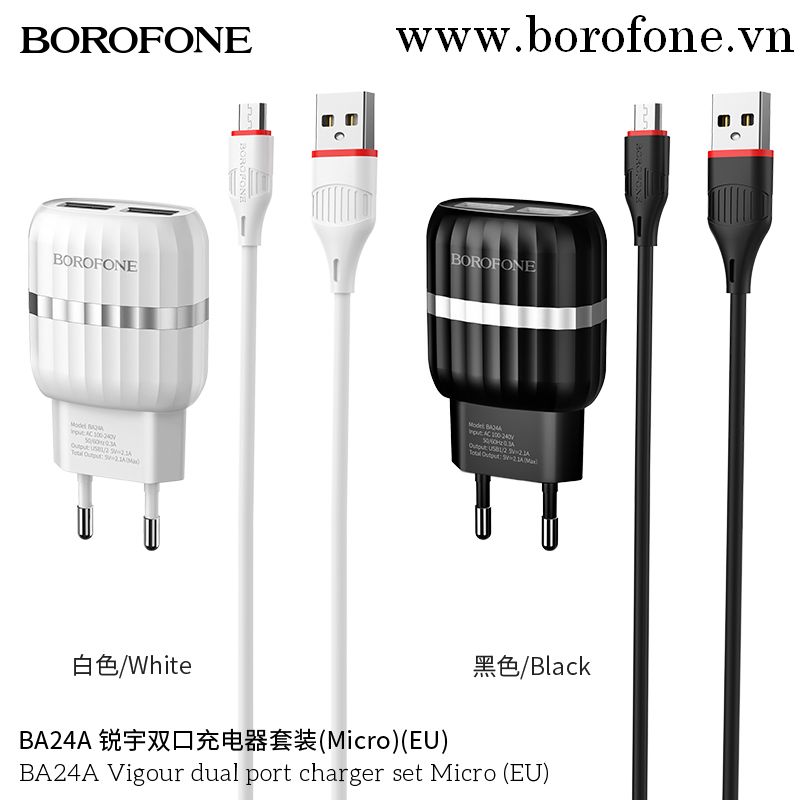 Bộ Cóc Cáp Sạc BA24A Borofone - 2 Cổng USB - Cổng Micro - Chuẩn EU