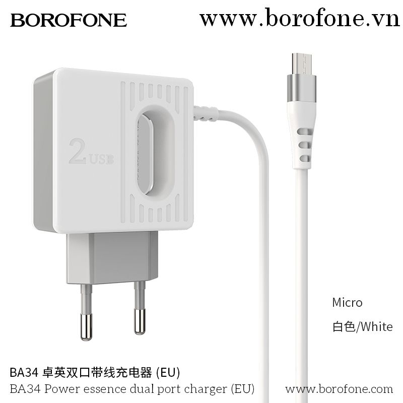 Bộ Cóc Cáp Sạc BA34 Borofone - 2 Cổng USB - Cổng Micro Chuẩn EU