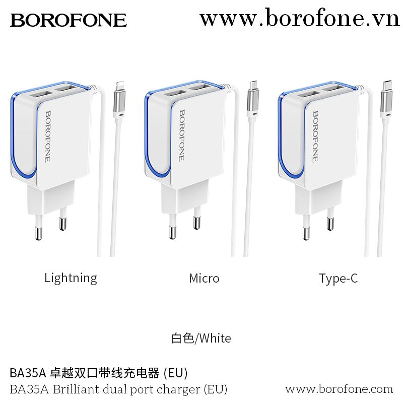 Bộ Cóc Cáp Sạc BA35A Borofone - 2 Cổng USB - Cổng Micro