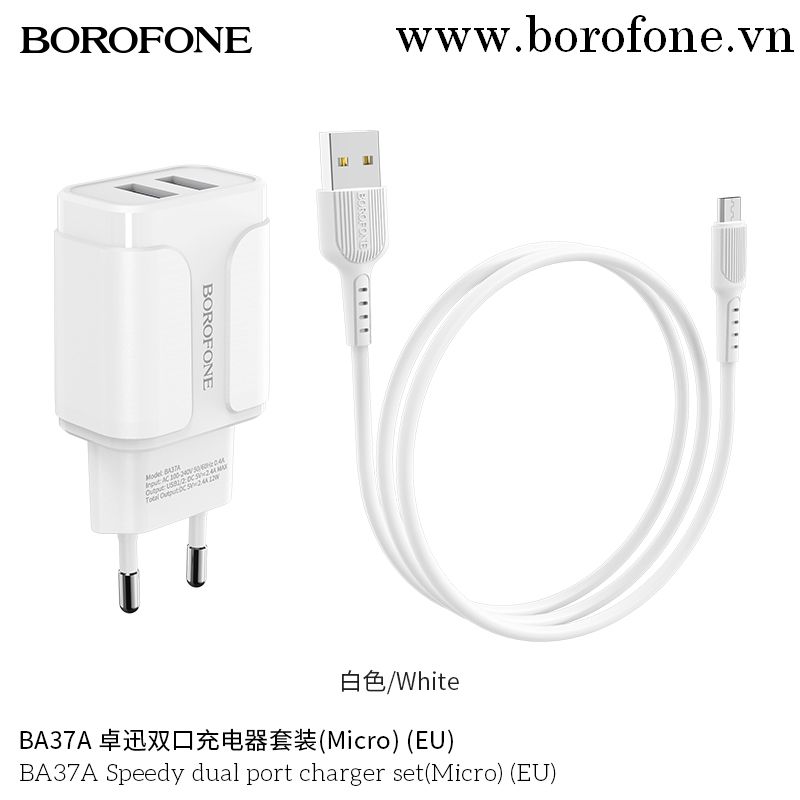 Bộ Cóc Cáp Sạc BA37A Borofone - 2 Cổng USB - Cổng Micro-USB - chuẩn EU