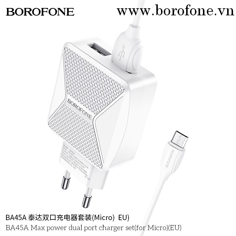 Bộ Cóc Cáp Sạc BA45A Borofone 2.4A Cổng Micro-USB