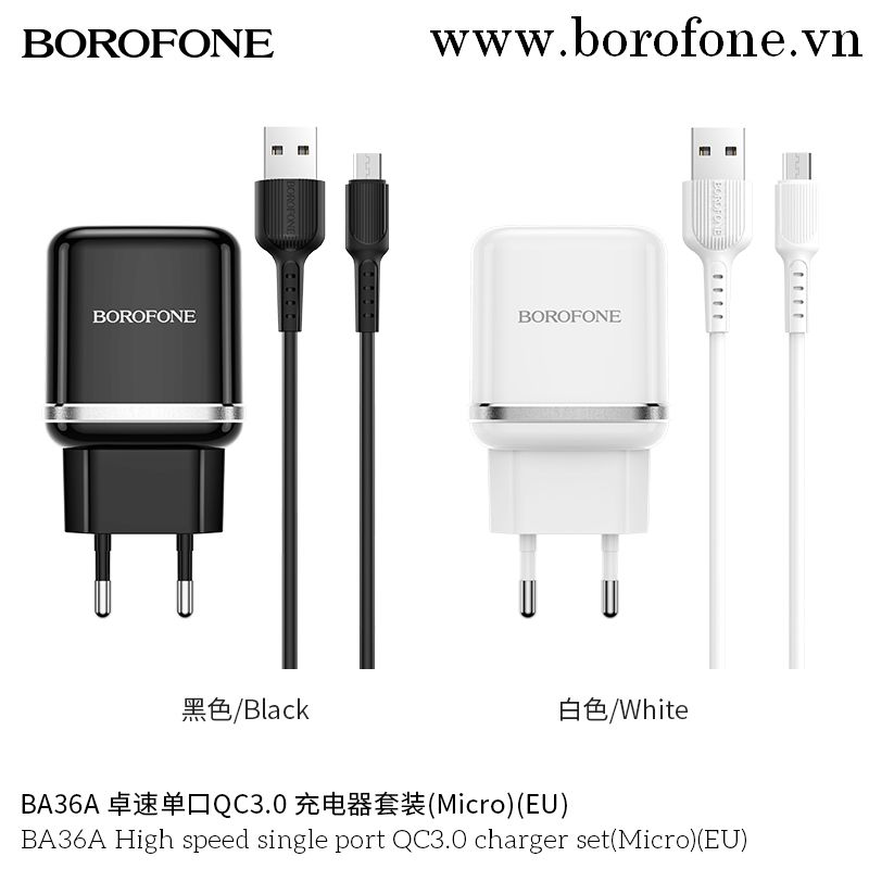Bộ Cóc Cáp Sạc Nhanh BA36A QC3.0 Borofone - 1 Cổng USB - Cổng Micro-USB - chuẩn EU