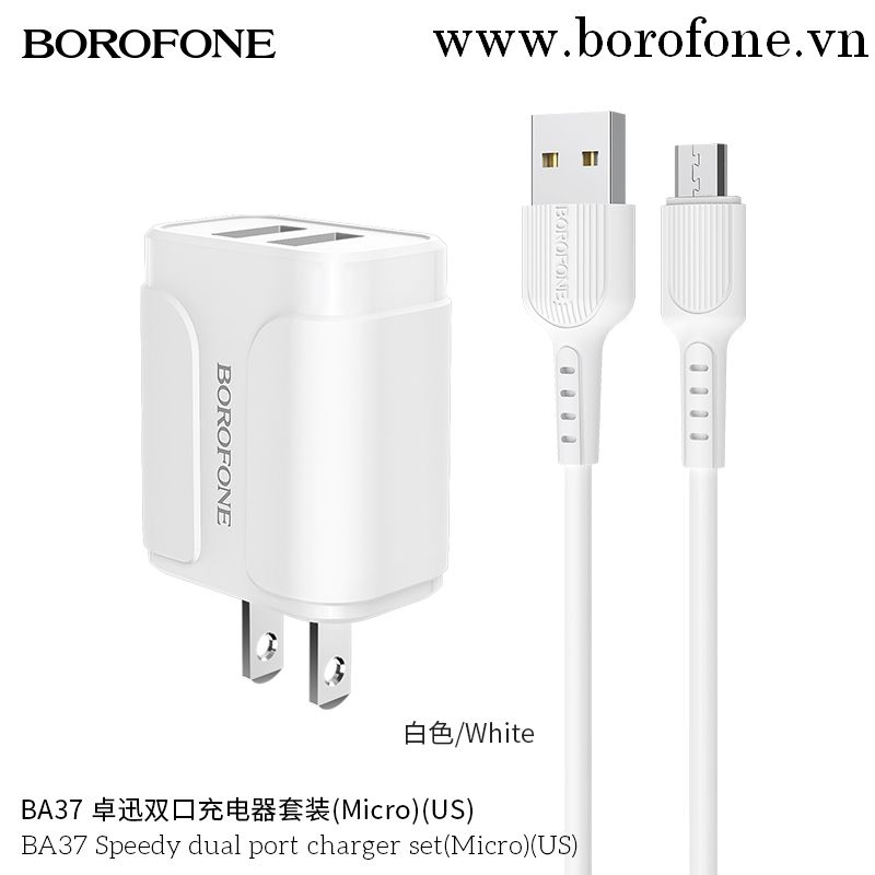 Bộ Cóc Cáp Sạc Nhanh BOROFONE  BA37 2 cổng USB, Cáp Micro chuẩn US