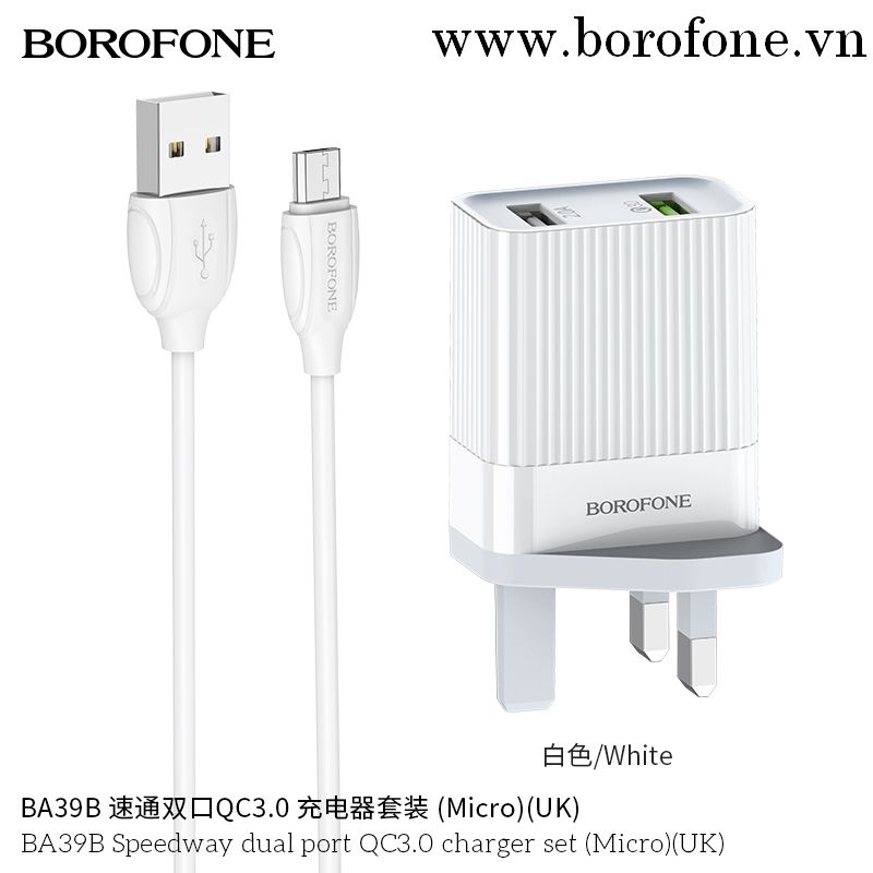 Bộ Cóc Cáp Sạc Nhanh QC3.0 BA39B Borofone - 2 cổng sạc - cổng Micro-USB chuẩn UK