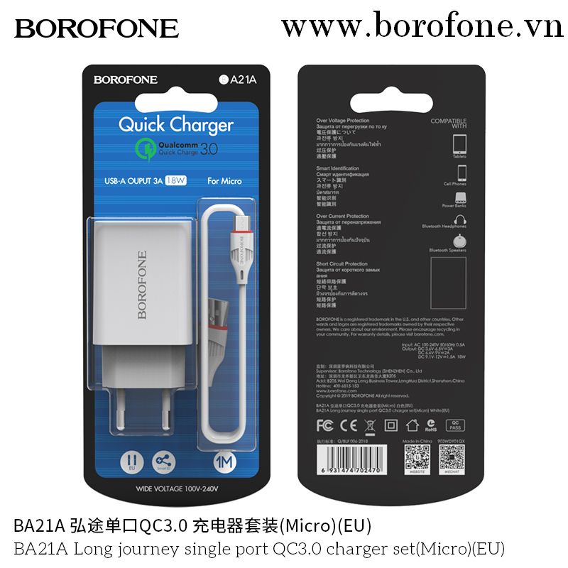 Bộ Sạc Nhanh Borofone BA21A Micro QC3.0