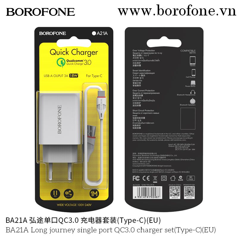 Bộ Sạc Nhanh Borofone BA21A Type-C QC3.0