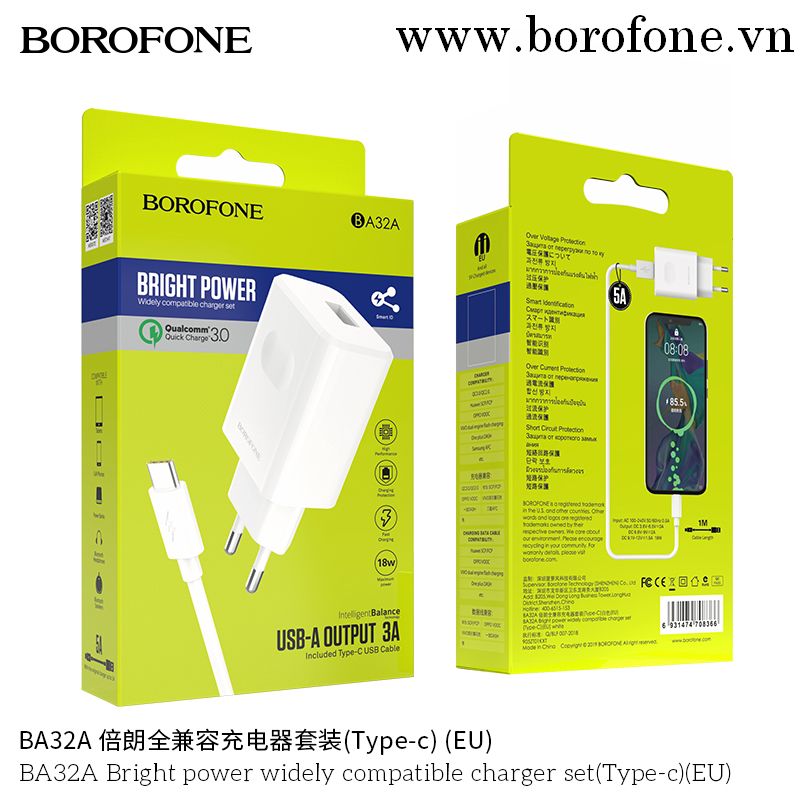 Bộ sạc nhanh Borofone BA32A TypeC 1m, 5A, 18W