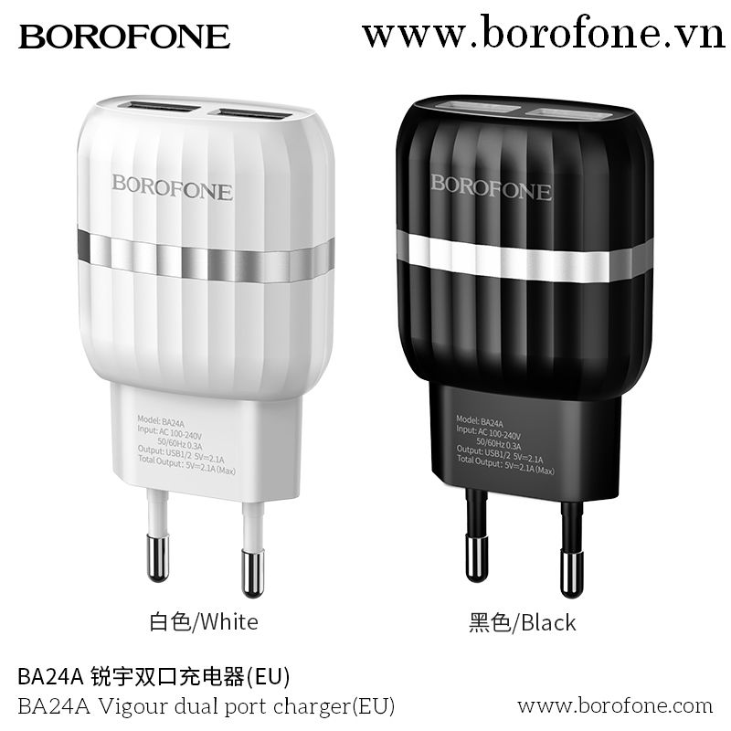 Cóc Sạc BA24A Borofone - 2 Cổng USB - chuẩn EU