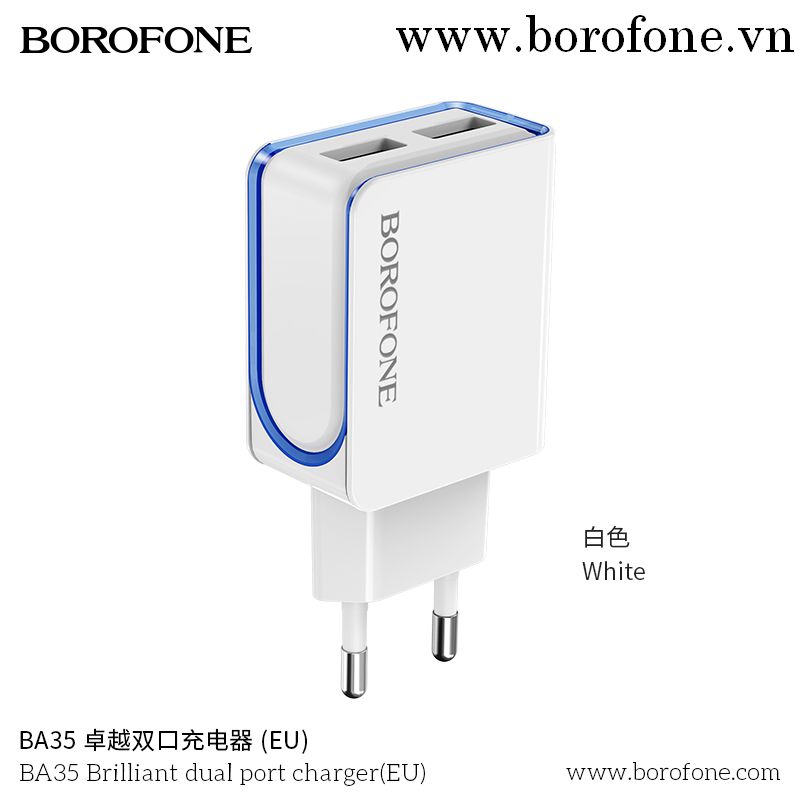Cóc Sạc BA35 Borofone - 2 Cổng USB chuẩn EU