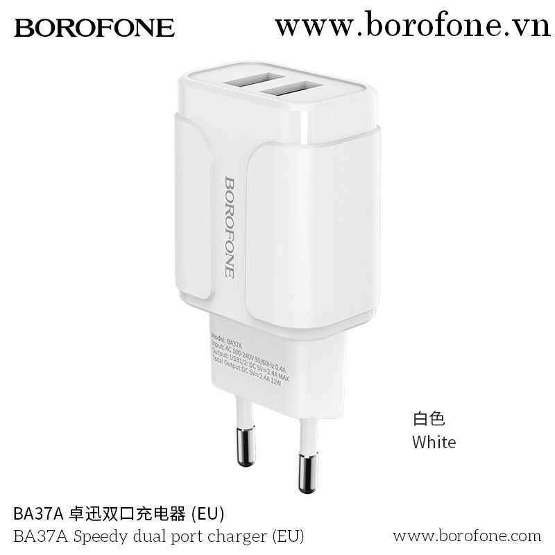 Cóc Sạc BA37A Borofone - 2 Cổng USB - Chuẩn EU