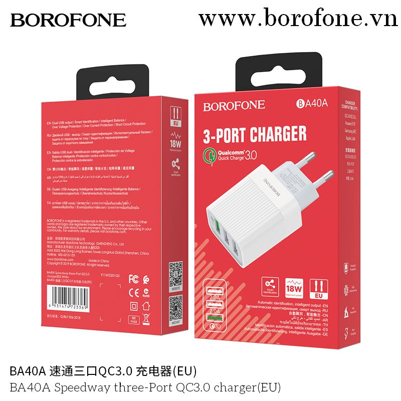 CỐC SẠC BOROFONE BA40A - 3 CỔNG USB