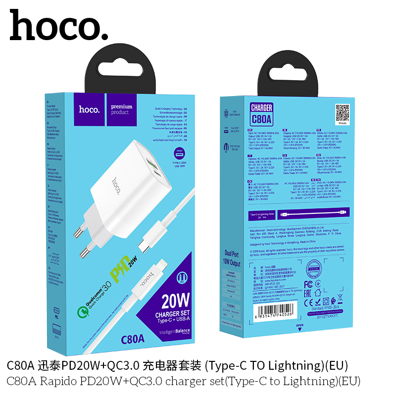 BỘ CÓC SẠC HOCO KÈM CÁP SẠC PD20W + QC 3.0 C80A (TYPE C TO IP)