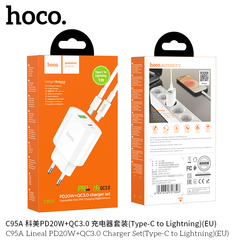 BỘ CÓC KÈM SẠC HOCO PD20W + QC 3.0 C95A TYPE C TO IP