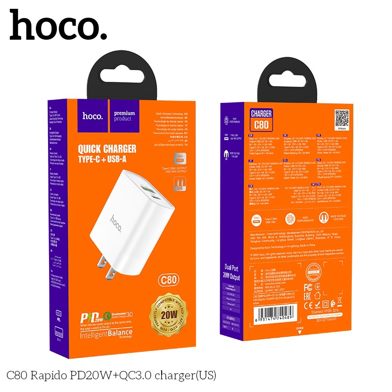 CÓC SẠC HOCO (PD2OW + QC 3.0) - C80