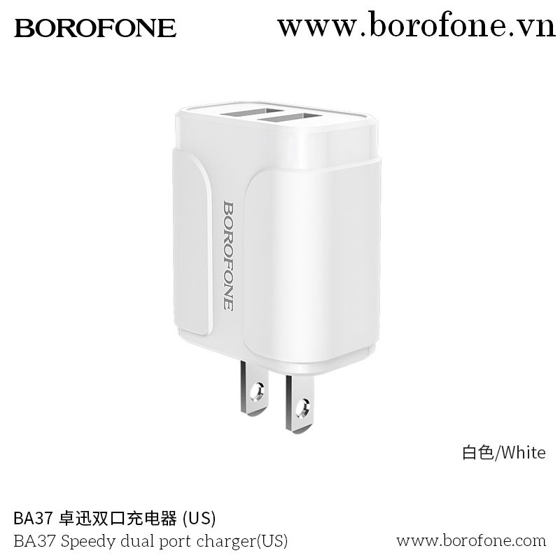 Cốc sạc nhanh Borofone BA37 2 cổng USB chuẩn US