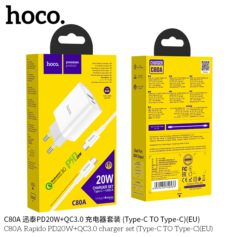 BỘ CÓC SẠC NHANH KÈM CÁP SẠC HOCO (PD 20W, QC 3.0) - C80A (TYPE C TO TYPE C)